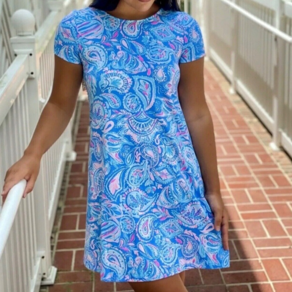 NWT LILLY PULITZER KIMI PIMA COTTON DRESS IN ZANZIBAR BLUE FISH KISS PRINT M